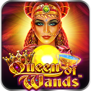 Queen Of Wands slot game banner with mystical queen and fire theme